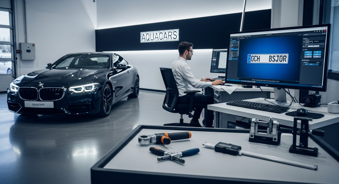 Plaque immatriculation personnalisée en plexiglas avec logo et département, fixée sur un véhicule.